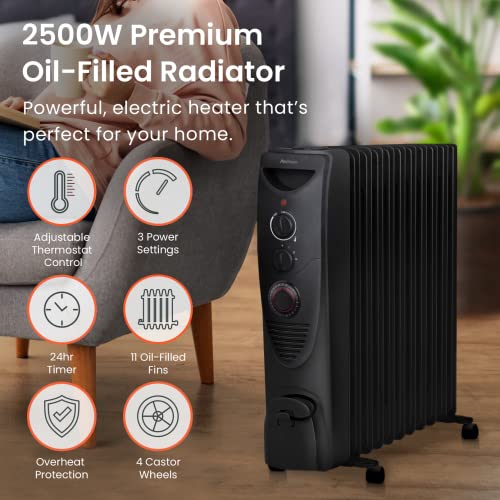 Pro Breeze® 2500W Oil Filled Radiator, 11 Fin - Portable Electric Heater - Built-in Timer, 3 Heat Settings, Adjustable Thermostat, Safety Cut-Off & 24 Hour Timer - Black Pro Breeze® 2500W Oil Filled Radiator, 11 Fin - Portable Electric Heater - Built-in Timer, 3 Heat Settings, Adjustable Thermostat, Safety Cut-Off & 24 Hour Timer - Black