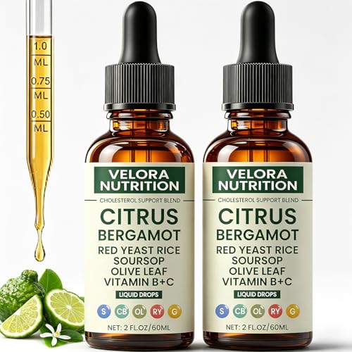 Velora Nutrition Red Yeast Rice Cholesterol Cleanse Citrus Bergamot Red Yeast Rice Cholesterol Cleanse | with Citrus Bergamot Soursop Olive Leaf & Vitamin C+D - 2 FL.OZ (2PCS)