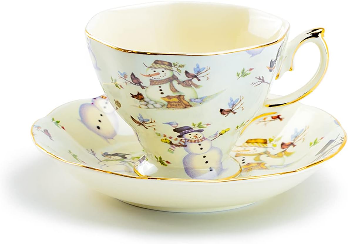 Holiday Snowman Fine Porcelain Tea Cup and Saucer