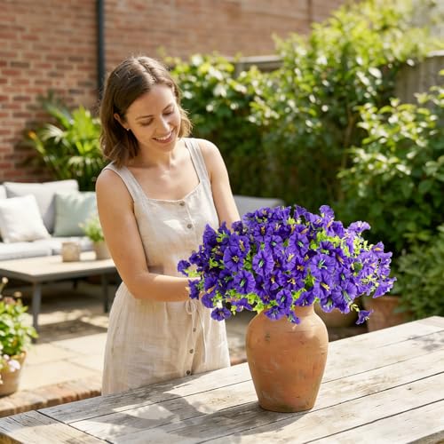Image of 12 Bundles Artificial Flowers for Outdoors, Faux Silk Morning Glory(Purple) | Artificial Flowers UV Resistant Fake Eucalyptus Plants for Spring Summer Garden Patio Home Decor