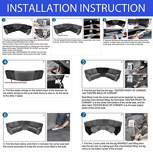 Velocvil 7 Pieces Velvet Stretch L Shape Recliner Sofa Covers, 5 Seat Reclining Couch Covers For L Shape Corner Sectional Recliner Sofa, Washable, Thick & Soft Furniture Protector, Dark Grey #TOP4