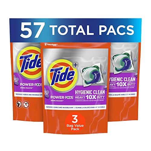 Tide Pods Hygienic Clean Heavy 10x Duty Power Pods Laundry Detergent Soap Pods, Spring Meadow, 3 Pack
