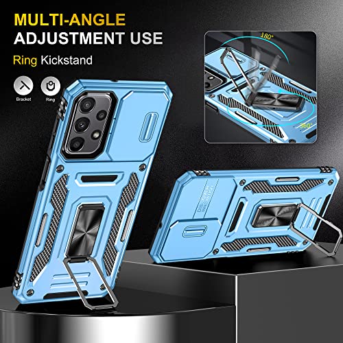 Image of Polycarbonate Slide Camera Cover with Ring Holder Mobile Phone Back Cover for Samsung Galaxy A23 (Blue)