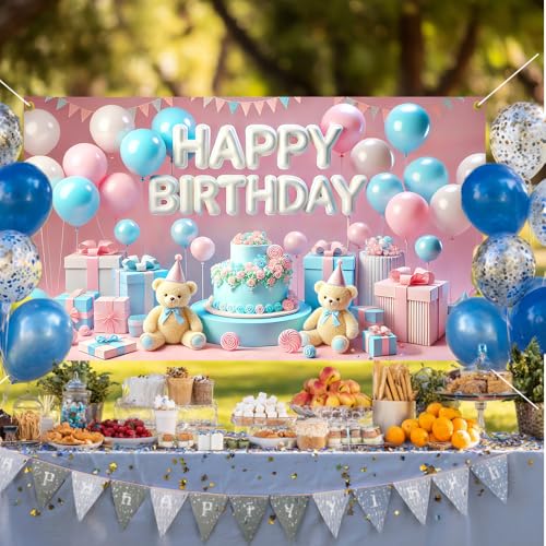 Image of Happy Birthday Backdrop 70.8x43.3in, Pink Blue Pastel Teddy Bear Photography Background Photo Booth Banner Spring Easter Birthday Party Decorations Supplies for Baby Girls Boys Kids Toddlers