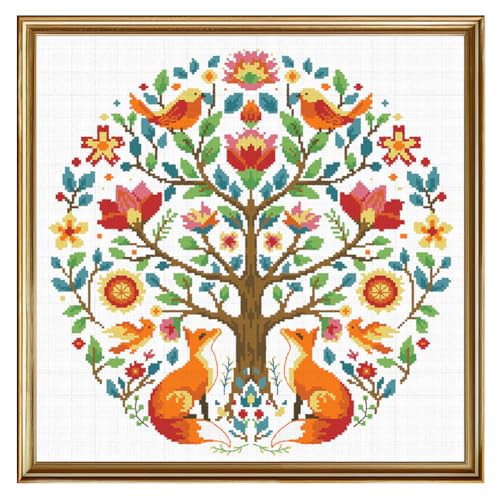 Image of FREEBLOSS 11CT Cross Stitch Kits Tree of Animals Pattern Stamped Cross Stitch Wall Painting Craft Kit Full Range of Embroidery Starter Kits for Adult Beginners with Instruction 17.7 x 17.7