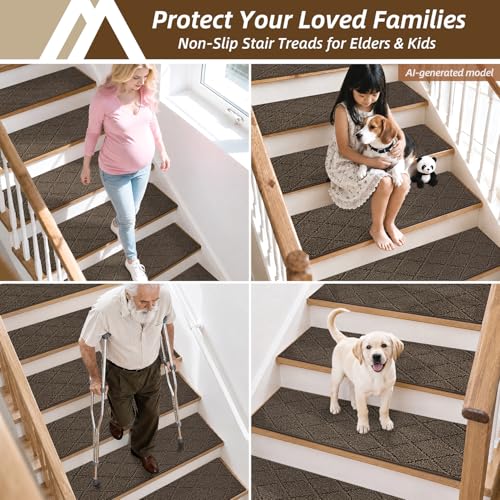 Image of COSY HOMEER Stair Treads for Wooden Steps 11 inchx30 inch Washable Indoor Carpet Stair Treads Non Slip Soft Polyester Stair Carpet Tread Reusable Stair Runner Rugs for Kids, Elders,Pets,Brown,4pcs