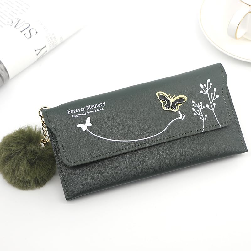 Women Long Wallet With Butterfly Flowers And Simple Loose Change | Long Leather wallet for women (Green)2
