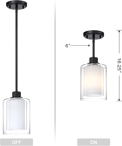 Miniatura 2 de Paquete de 2 lámparas colgantes de isla de cocina para interiores, lámpara colgante de 5 pulgadas de vidrio esmerilado transparente, acabado negro