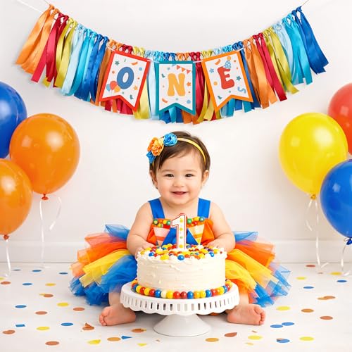 Image of Kriyokiaa Fun To Be One Birthday High Chair Banner Retro Rainbow One High Chair Banner Boy Photo Backdrop Fun To Be One Birthday Decorations for Boys Girl Wall Hanging Decorations for Kids Bedroom