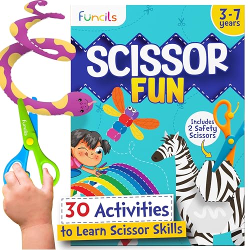 Funcils Toddler Scissor Skills – Art Supplies & Crafts Kit for Kids, Safety Scissors, Fine Motor Toys, Montessori Gifts for Boys & Girls Ages 3, 4, 5, 6, 7 Year Old, Preschool Learning Activity Books