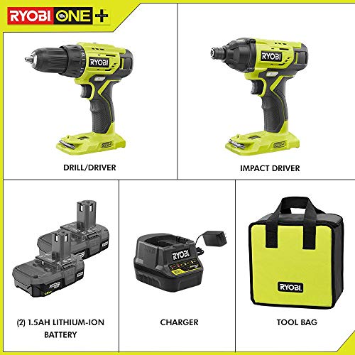 Ryobi P1817 18V ONE+ Lithium-Ion Cordless 2-Tool Combo Kit with (2) 1.5 Ah Batteries, 18-Volt Charger, and Bag