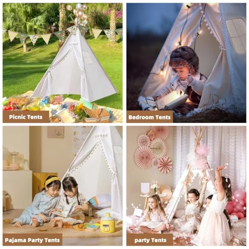 6 PCS White Kids Teepee Play Tent, Foldable Washable Tipi Tent Kids Boho Tent, Playhouse for Girls Boys Sleepovers Party Birthday Party Slumber Party for Indoor Outdoor Games - Thumbnail 4