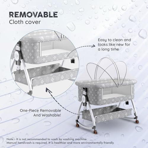 Image of Premium 6-in-1 Baby Bedside Cot, Crib, Cradle Portable All-Mesh Bassinet with Multi-Purpose Tray,Wheels, Storage Basket, and 6 Height Adjustments, Easy Assembly, Newborns-Pattern Grey | Breathable Cloth