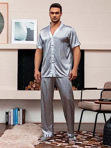 WDIRARA Men's 2 Piece Pajama Set Geo Print Satin Button Down Short Sleeve Sleepshirt With Pants4