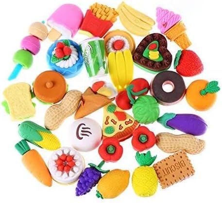 LOKIPA 24 Novelty Food Pencil Rubber Erasers Fruit Vegetable Dessert Puzzle Party Erasers for Kid Party Bag Fillers