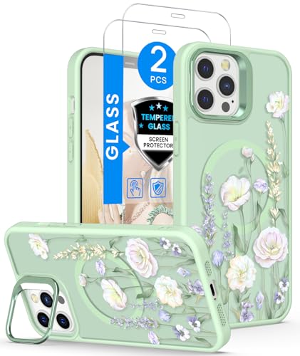 Dretal for iPhone 12 Pro Max 6.7 Case Floral with Screen Protector Camera Stand Military-Grade Protection Translucent Matte Magnetic Shockproof Flower Pattern Case for Women Girls - Light Green