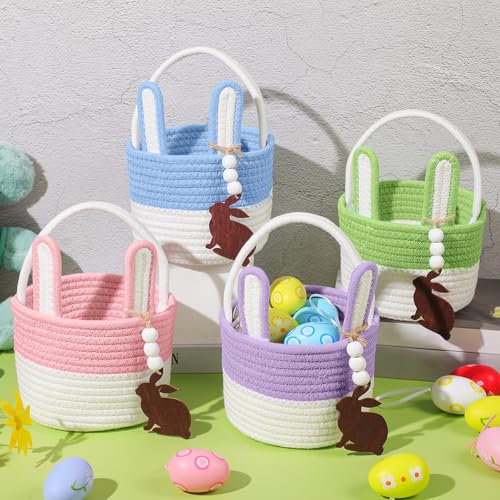 Image of SiliFine 4 Set Easter Baskets Easter Bunny Basket with Name Tag Rabbit Ear Easter Stuffer Basket Rustic Woven Round Storage for Kid Girl and Boy Gift Baby Shower Party Decoration Supplies