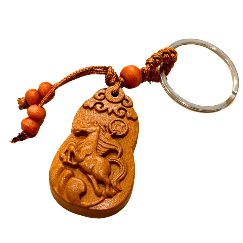 DAZUMA Keychain, Horse, Netsuke, Strap, Wood Carving, Good Luck, Feng Shui Goods, Money Luck, Natural Wood, Rooting Hose, Carving, Storage, Includes Bag, Full Horse, Gourd : Clothing, Shoes & Jewelry