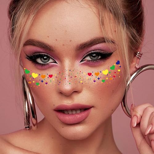 Glitter Freckles Rainbow Pride, 6-Pack Face Tattoo Sparkle Heart Freckles Makeup Patches for Face Rave Accessories (Pride-Rainbow) — view 6