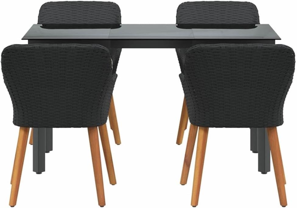 BOWERY HILL 5 Piece Poly Rattan Garden Dining Set, Black Finish, Weather-Resistant Cushions, Tempered Glass Tabletop, Powder-Coated Steel Frame, Modern Patio Furniture for Outdoor Terrace or Balcony