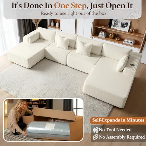 Image of 138 inch Cloud Sectional Couch, Comfort U Shaped Sofa for Living Room, Extra Deep Seats No Assembly, Minimalist Modular Couch, Corduroy (Cream, 6 Seats,U-Shape C)