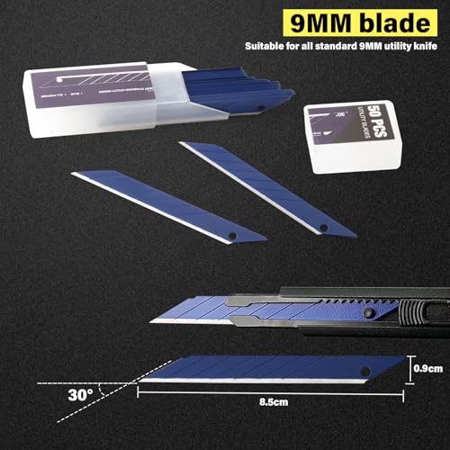 Image of 9mm Utility Knife Replacement Blades,30 Degree Snap Off Carbon Steel Knife Blades for Retractable Cutting Knives, Hobby, Craft, Box Cutter 100PCS (Blue)