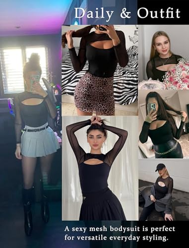 Avidlove Bodysuits for Women Round Neck Shapewear Bodysuit Long Sleeve Bodysuit Sexy Mesh Top Double Lined Cutout Shirt3