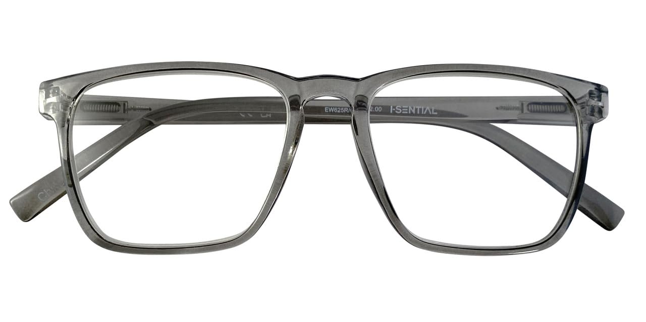I-Sential Reading Glasses Large Lens with Case Spring Hinges Designer Style for Men Women Ladies Readers Translucent Grey 1.25