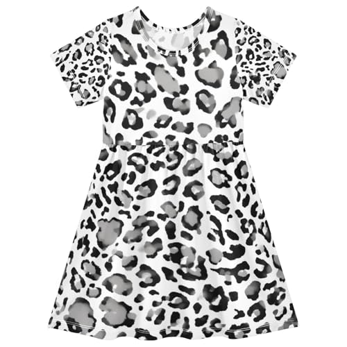 Toddler Girls Dress Short Sleeve A Line Kids Summer Sundress with Black Grey Leopard Spots Print UPF50+ Quick Dry, 2T
