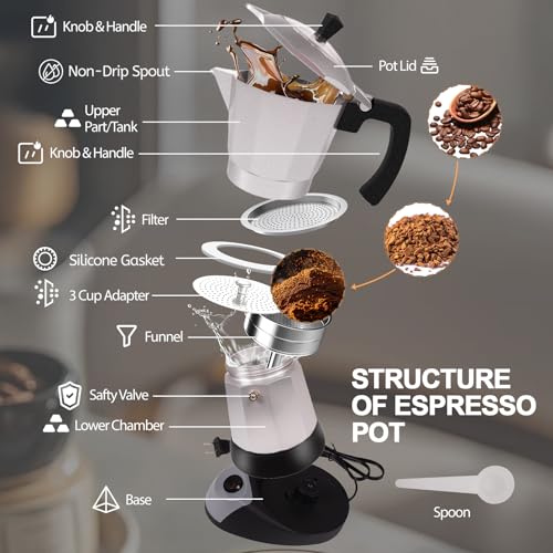 Image of Aluminum Electric Moka Pot 3-6 Cup 270ml Express Coffee Maker Stovetop