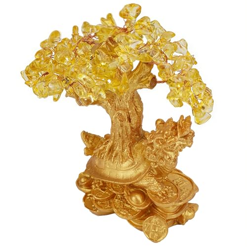 Chiorgone Citrine Crystal Money Tree, Dragon Turtle Feng Shui Decor for Wealth Luck Prosperity, Golden Bonsai Tree Ornament, Good Luck Gifts for Home Office Desk Decorations, 7.1"