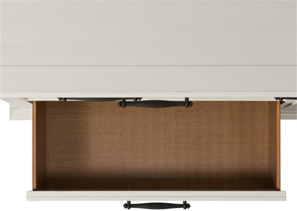 BOWERY HILL 9-Drawer Horizontal Dresser, 38" H x 62" W x 17" D, Off White Finish, Felt-Lined Top Drawers, Dark Metal Hardware, Transitional Style, Beveled Edges, Bun Feet, Bedroom Storage