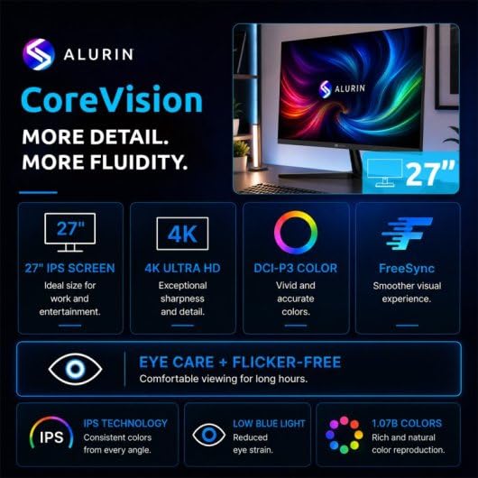 Alurin Monitor 27 Pulgadas 4K UHD CoreVision, AMD FreeSync, Eye Care, Low Blue Light, 60Hz, HDMI 2.0, DisplayPort 1.4, VESA 75x75, Monitor para Oficina, Diseño, Edición y Multimedia