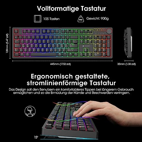 Tastiera da gioco, tastiera meccanica tedesca QWERTZ 104 tasti 26 RGB retroilluminato cablato per Windows MacOS Linux Interruttore blu - Tastiera gaming - Immagine 3