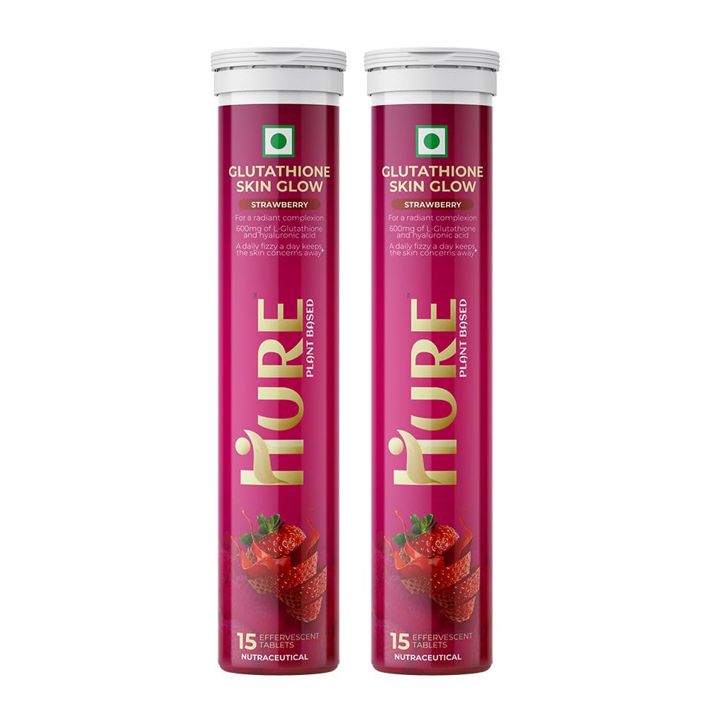 HURE Glutathione Skin Glow 15 effervescent tablets with Vitamin C For Clear And Youthful Skin and Vitamin E strengthens the immune system for men and women| (Strawberry pack of 2)