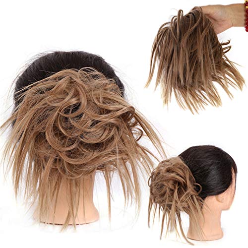 Tousled Updo Messy Bun Hair Piece Hair Extension with Elastic Rubber Band Updo Wavy Bun Extensions Synthetic Hair Extensions Scrunchies ( Light Brown & Ash Blonde Mixed #12H24)