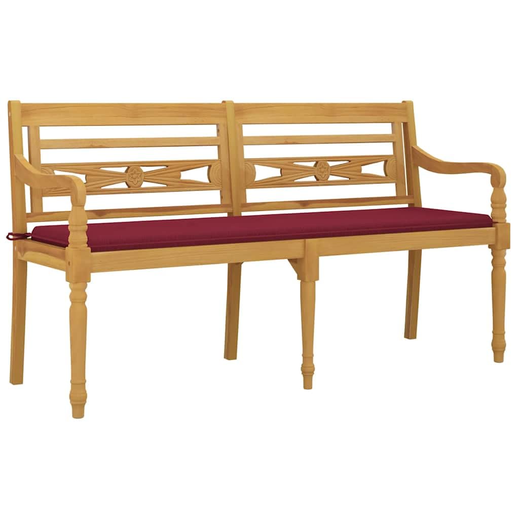Batavia ławka ogrodowa, 150 cm, lite drewno tekowe, z poduszkami w kolorze czerwonego wina, podłokietnikami i oparciem, na taras, balkon, do użytku na zewnątrz, odporna na warunki