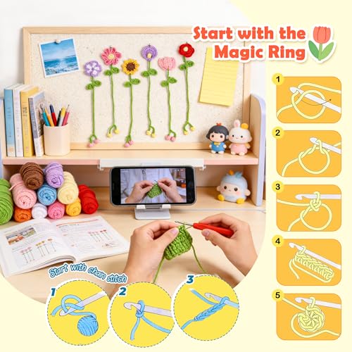 Image of Joyclub Crochet Kit for Beginners 10 Flower Bookmarks for Adults | Flower bookmark with video and written guidance; first projects and handmade gifts for crochet starter book lovers teacher