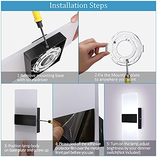 Lightess Modern Wall Sconce Dimmable Sconce Wall Lighting 12W Black Indoor Wall Lamp ​Acrylic Wall Mounted Lighting Fixture For Bedroom Living Room Hallway, Cool White #TOP6