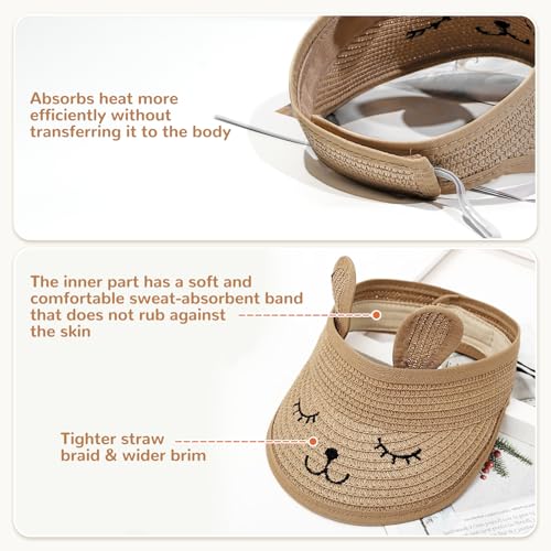 2 Pcs Kids Straw Sun Hat, Toddler Wide Brim Cute Bunny Beach Hat Adjustable for Beach Park Travel Beige,Brown3
