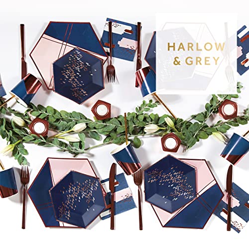 Harlow & Grey Erika Small Party Plates Set, 8 Ct Pack, 8” Elegant, Abstract Disposable Paper Dinnerware Supplies For Birthday, Wedding, Shower, Anniversary, Engagement, Holiday, Navy Blue & Rose Gold #TOP4