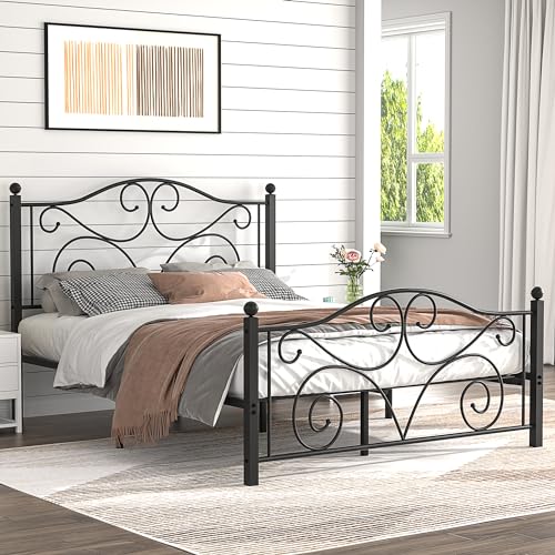 VECELO Queen Size Bed Frame with Headboard and Footboard, Heavy Duty Metal Slat Support, Platform Mattress Foundation, No Box Spring Needed, Easy Assembly, Matte Black