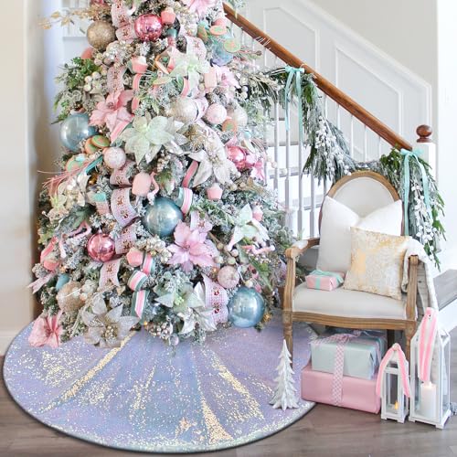 Blue and White Christmas Tree Skirt Sparkly Sequin Tree Skirt 48 Inches Xmas Candy Tree Skirt for 6 Ft Tree Decorations Iridescent Blue Wonderland Christmas Decorations Ornaments