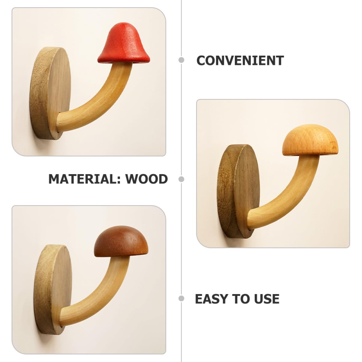 SOLUSTRE Crochets Muraux Champignon en Bois, Lot de 4, Patères