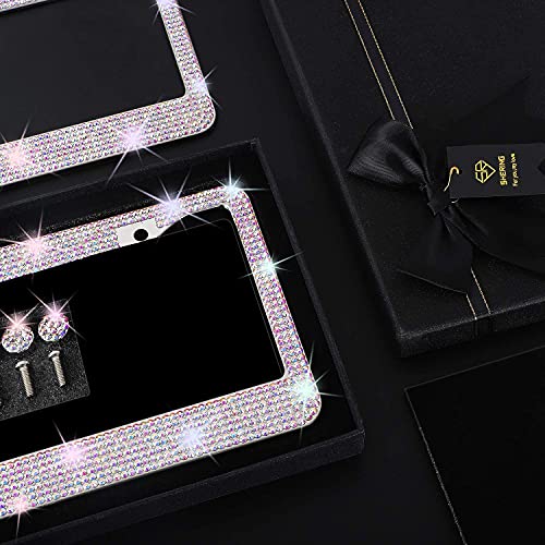 Shering Bling License Plate Frame, 2 Pack License Plate Frame With Premium Gift Box For Women,Rhinestone License Plate Frames With 1100Pcs Rhinestones (Narrow Ab Colorful) #TOP1