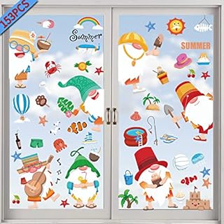 YICHEN 153 Pieces Spring Summer Window Stickers 9 Sheet Anti-Collision Stickers Clings Decorations Static Gnomes Summer Glass Window Decals for Home Decoration Hawaii, Beach Party Supplies