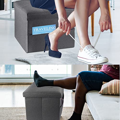 Alasdo Storage Ottoman With Side Pocket Folding Rectangle Cube Coffee Table Multipurpose Foot Rest Short Children Sofa Stool Linen Fabric Ottomans Bench Foot Rest For Bedroom L17W13H13(Grey) #TOP5