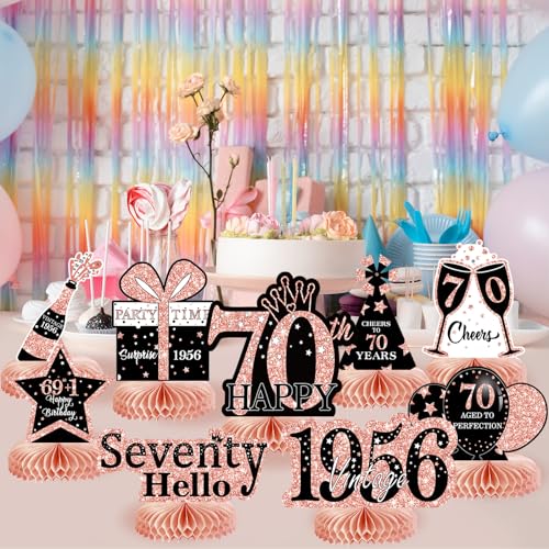 Image of 9Pcs 70th Birthday Decorations Honeycomb Centerpieces for Women, Rose Gold Pink Happy 70th Birthday Centerpieces Tables Toppers Party Decorations Supplies, Vintage 1956 Aged Table Sign Decor