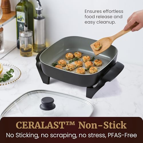 Image of Elite Gourmet 12 inch x 12 inch x 3 inch Ceralast PFAS Free Ceramic Electric Skillet, Dishwasher Safe, Xtra Deep Dish, Rapid Heat 1200W, Black