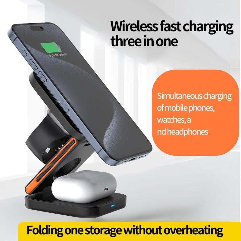 15W Magnetic Charger 3in1 Wireless Charger Compatible for iPhone 17/17 Air/17 Pro/17 Pro Max, 16/16 Plus/16 Pro/16 Pro Max, 15/14/13/12 Series and Smart Watch Fast Charging Adaptor - Black